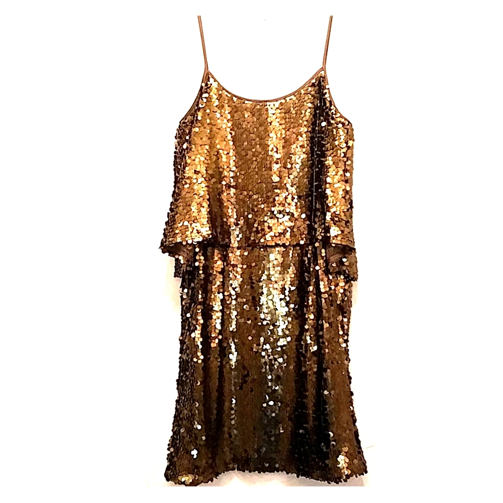 Bronze sequined spaghetti strap cocktail dress